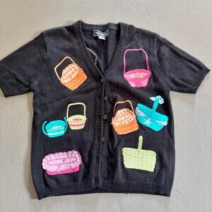 Vintage Terazzo Woven Basket Print Cardigan Cottagecore Sweater Size S